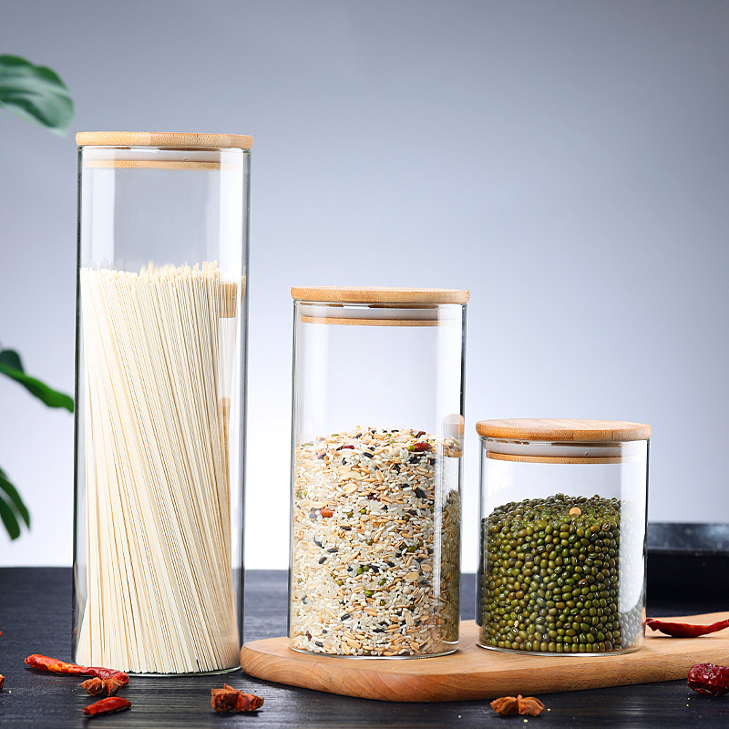 Borosilicate élevé en verre transparent des bocaux de stockage de nourriture avec couvercles en bambou scellant
