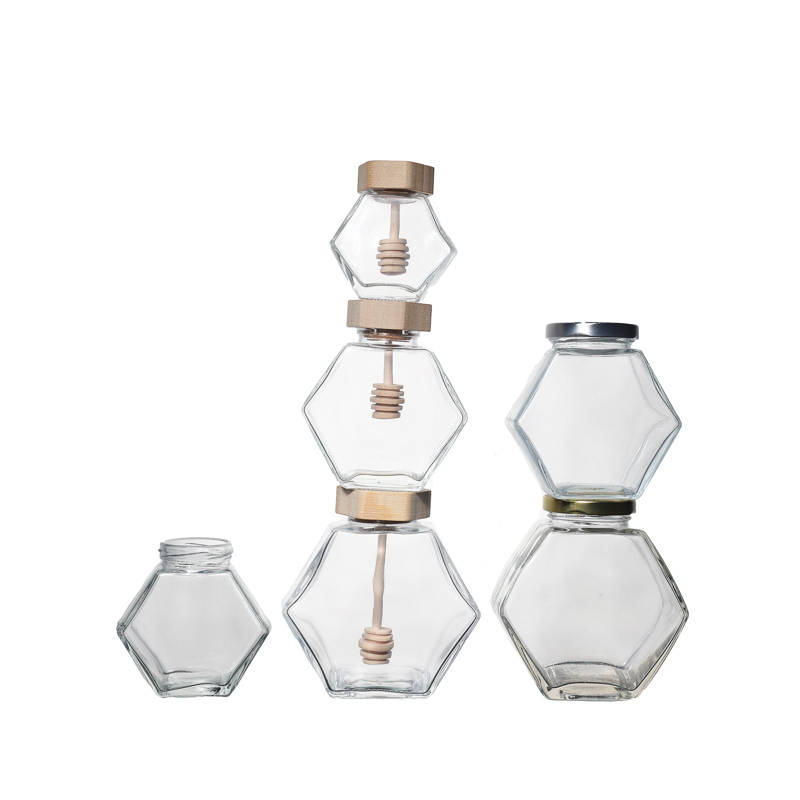 Jars de miel de verre hexagone de haute qualité avec des couvercles de bambou